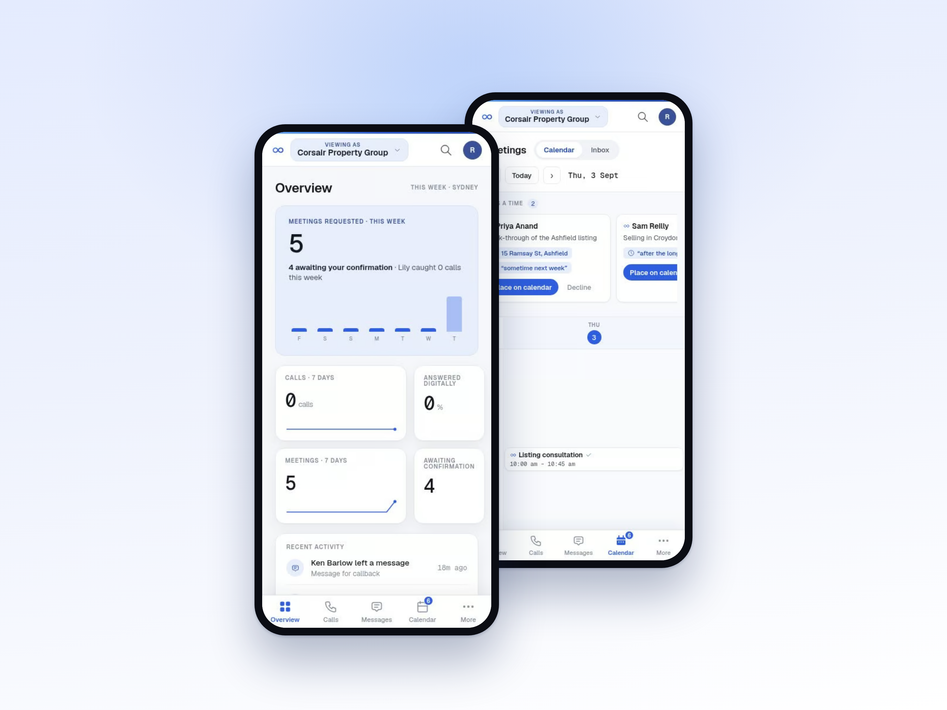 The TelaKomie app on a phone, showing the owner's dashboard and the tentative-meeting calendar